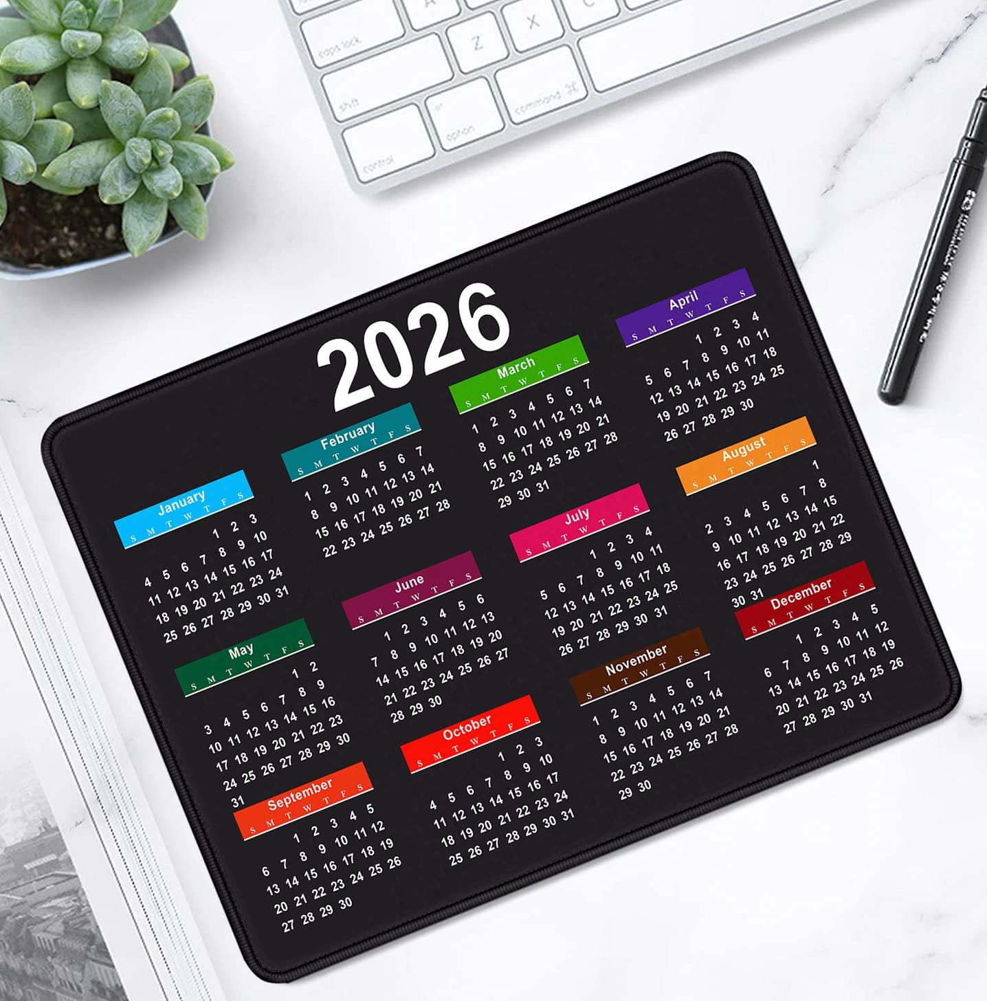 2026 Calendar Mouse pad, Gaming Stitched Edge Computer Accessory Mouse Pad, Rectangular Anti Slip Chloroprene Rubber Mouse Pad for Office and Home Use (Black Calendar Mouse Pad A-1)