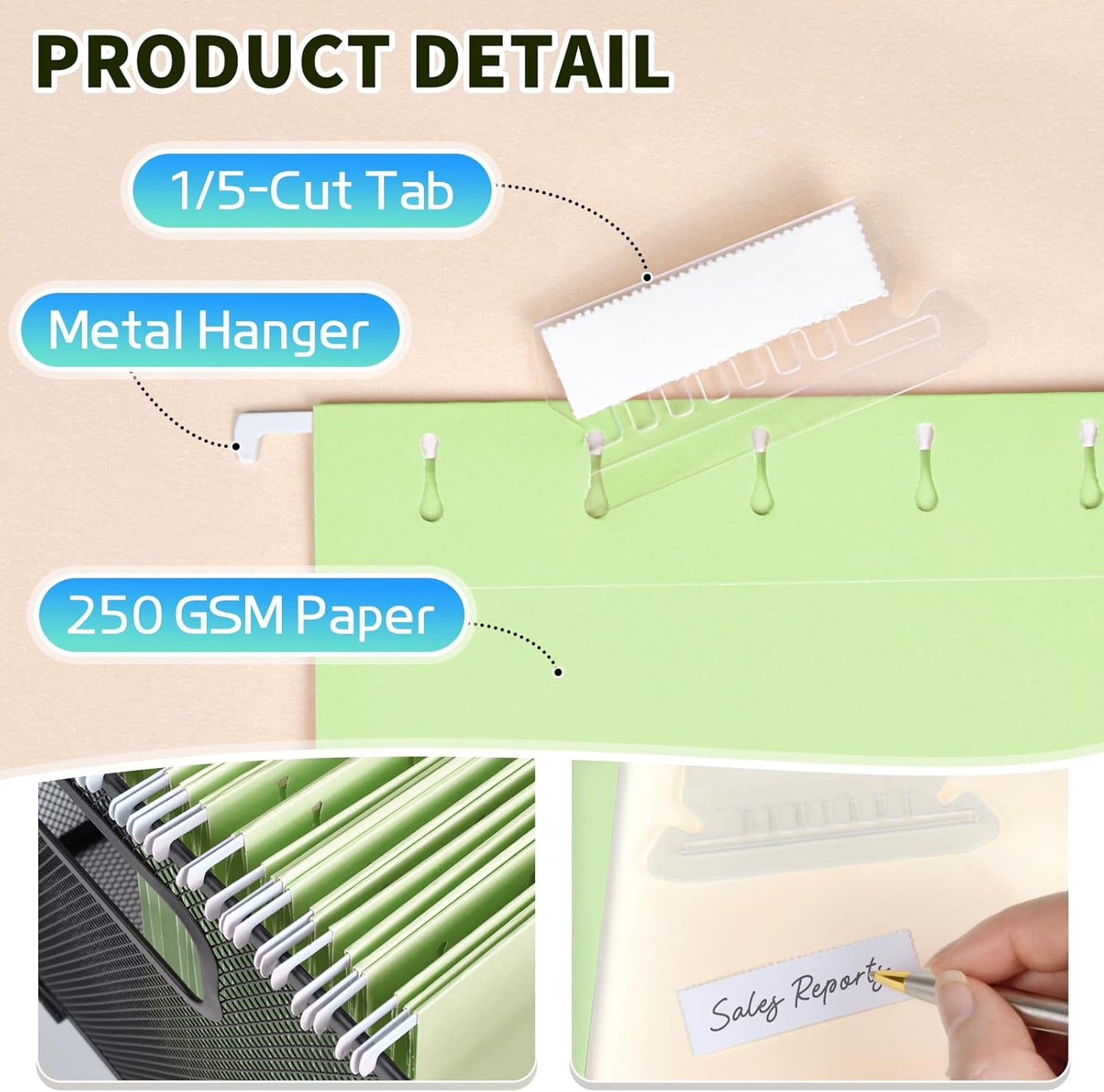 25-Pack Green Hanging File Folders, Letter Size (8.5" x 11") with 1/5-Cut Tabs,Includes 35 Transparent Label Cards & 50 Sticker Labels for Home & Office Organization