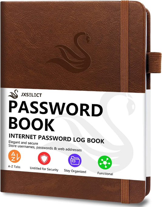 Elegant Password Book with Alphabetical Tabs - Hardcover Password Book for Internet Website Address Login - 7" x 10" Password Keeper and Organizer w/Notes Section & Back Pocket(Brown)