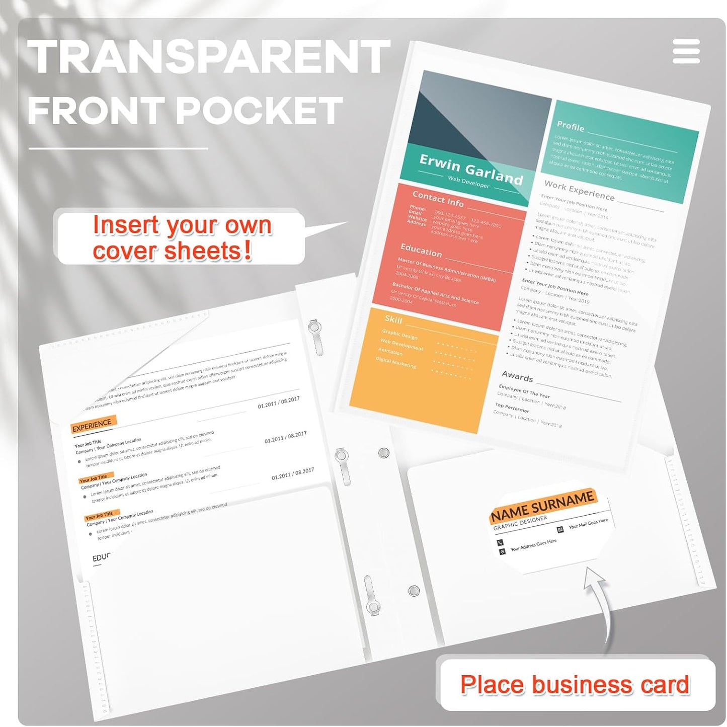 Henoyso 36 Pcs Plastic Folder with Clear Front Pocket and 3 Prong Plastic Folders with Card Slot Pocket Folders with Prongs for School Office (White)