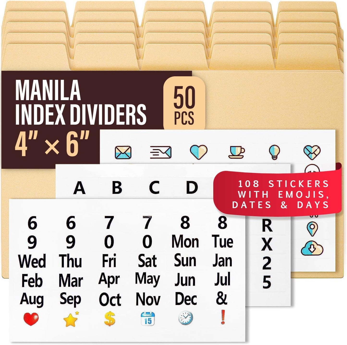 50 Manila Index Card Dividers with Tabs, 4x6 Blank, 108 Stickers - Monthly, Recipe & Greeting Card Dividers