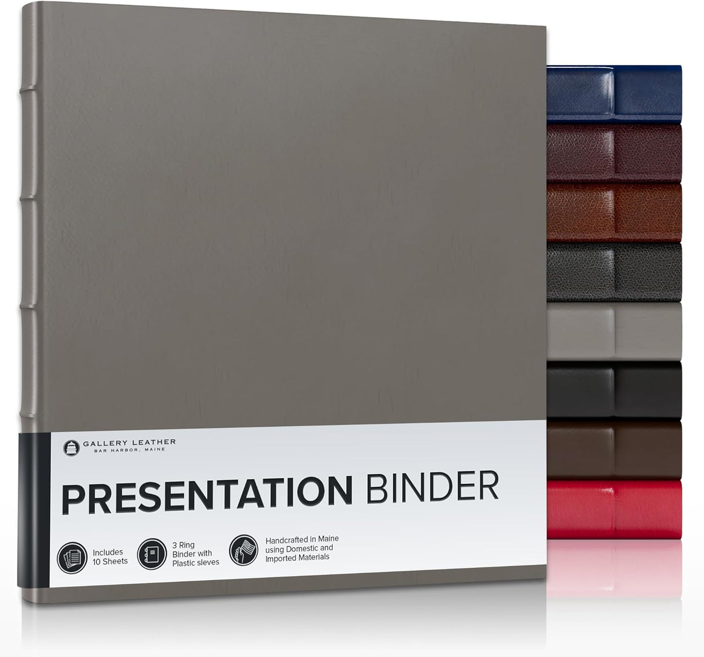 Gallery Leather 3 Ring Binder with Plastic Sleeves, Includes 10 Sheets, Sheet Size: 8.5" x 11" - Presentation Binder Rings with Hubbed Spine, Thick: 1.25" Freeport Slate