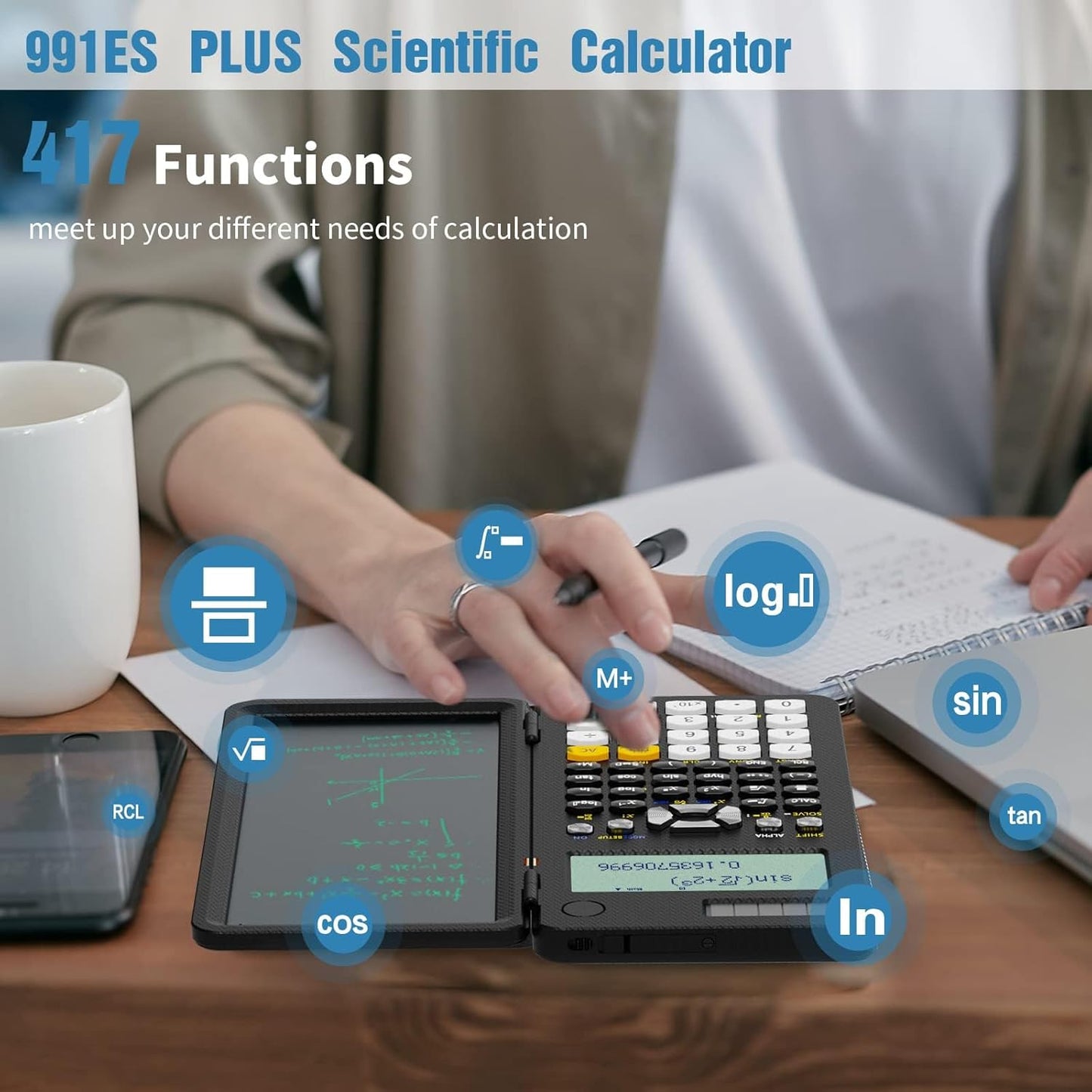 Scientific Calculators for Students 991ES Office Calculators Desktop, ROATEE 4-Line Display Calculator with Erasable LCD Writing Tablet, Solar Battery Power with Notepad Calculator for School
