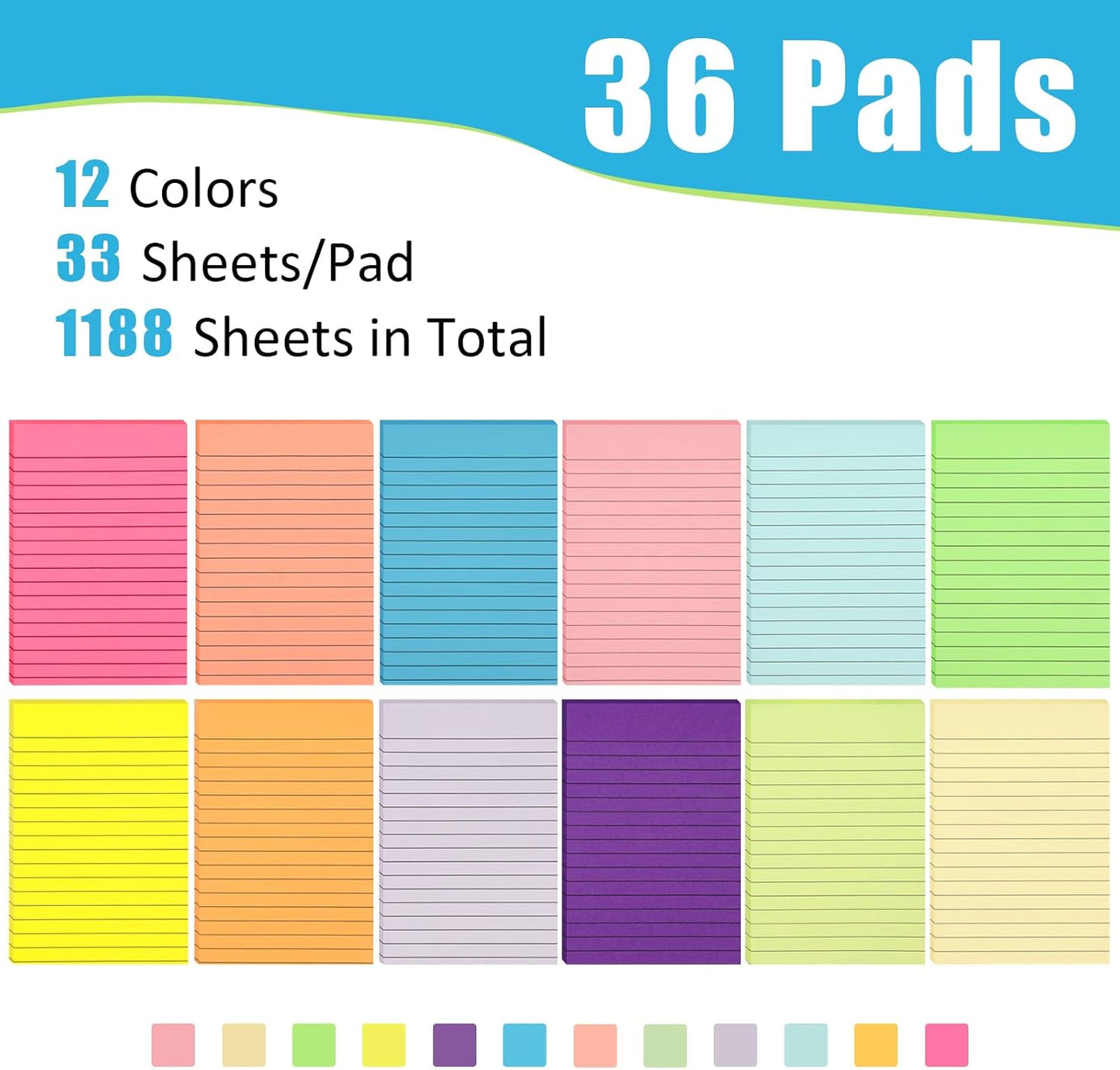 SACATR 36 Pads Lined Sticky Notes, Sticky Note Pads 4x6 inches, 12 Bright Color Sticky Notes with Lines Self-Stick Note Pads, Perfect for Office Home,School