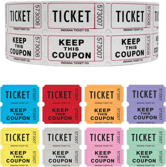INDIANA TICKET CO. 1,000 White Raffle Tickets Double Roll, Premium Quality 50/50 Raffle Tickets, Tickets for Events, Carnivals, Door Prizes, Drinks and More