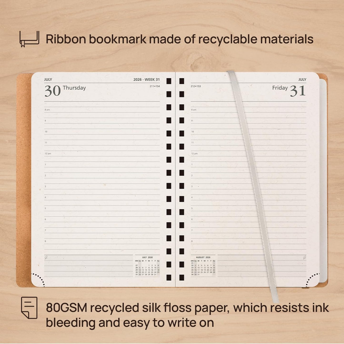 POPRUN 2026 Daily Planner One Page A Day - [5.75" x 8.5"-100% Recycled Materials Spiral Soft Cover] - 2026 Agenda with Monthly Calendar, Folded Inner Pocket - Desert Brown