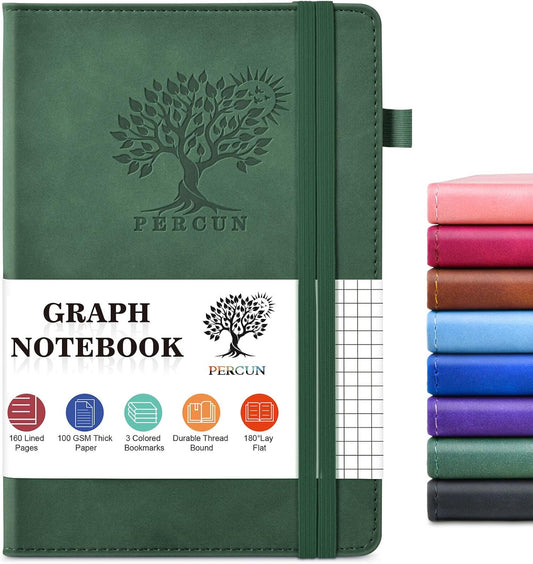 Graph Paper Notebook, 160 Pages Grid Journal for women & men, A5 Hardcover Leather Graphing Notebook for School, Work, Travel, Note Taking 5.9”x8.5” (Green)