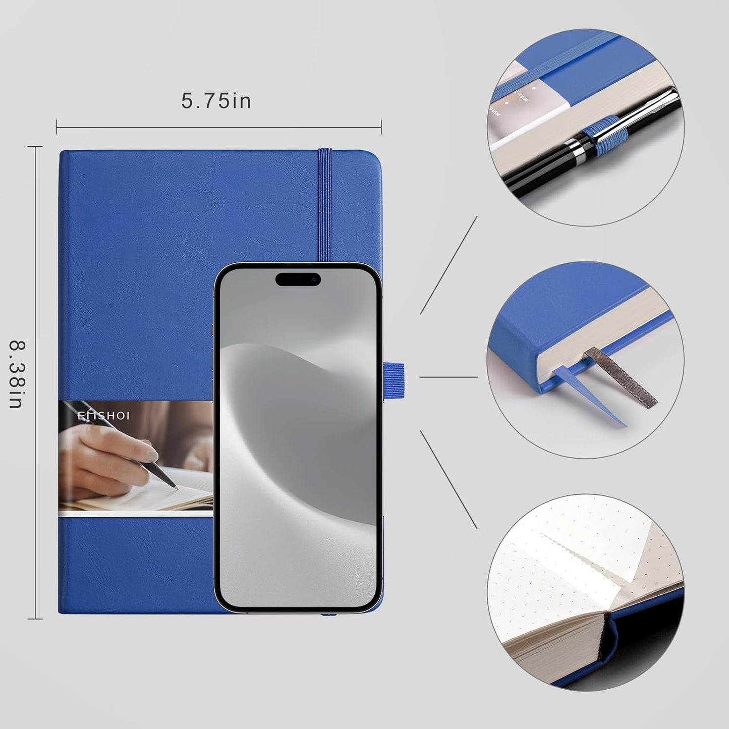 EMSHOI A5 Dotted Journal - 256 Pages with 120gsm Thick Dot Grid Paper, Hardcover Leather Dotted Notebook, 16 Perforated Pages, Pen Loop & Inner Pocket, for Bullet Journaling, 5.75” x 8.38”, Blue