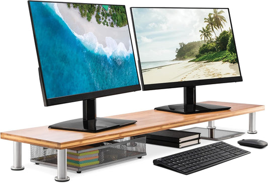 The Original Bamboo Dual Monitor Stand (As Seen On PBS) - 42 Inch Large Monitor Riser for Computer Screens, Laptop or TV - Desk Shelf Adds Storage Space and Improves Ergonomics - Natural