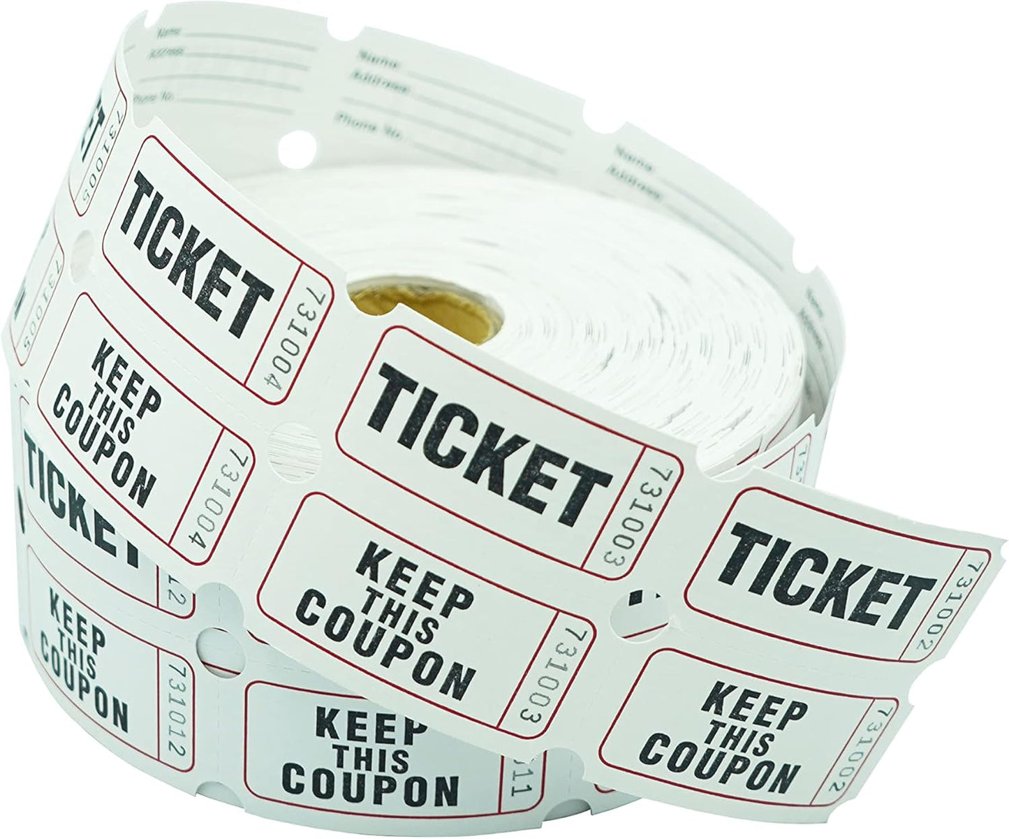 DNB 1000 Raffle Tickets - Double Roll 1000 Pairs per Roll 2 x 2 Inch 50/50 Consecutively Numbered Tickets for Entry/Events/Fundraiser/Prizes - White