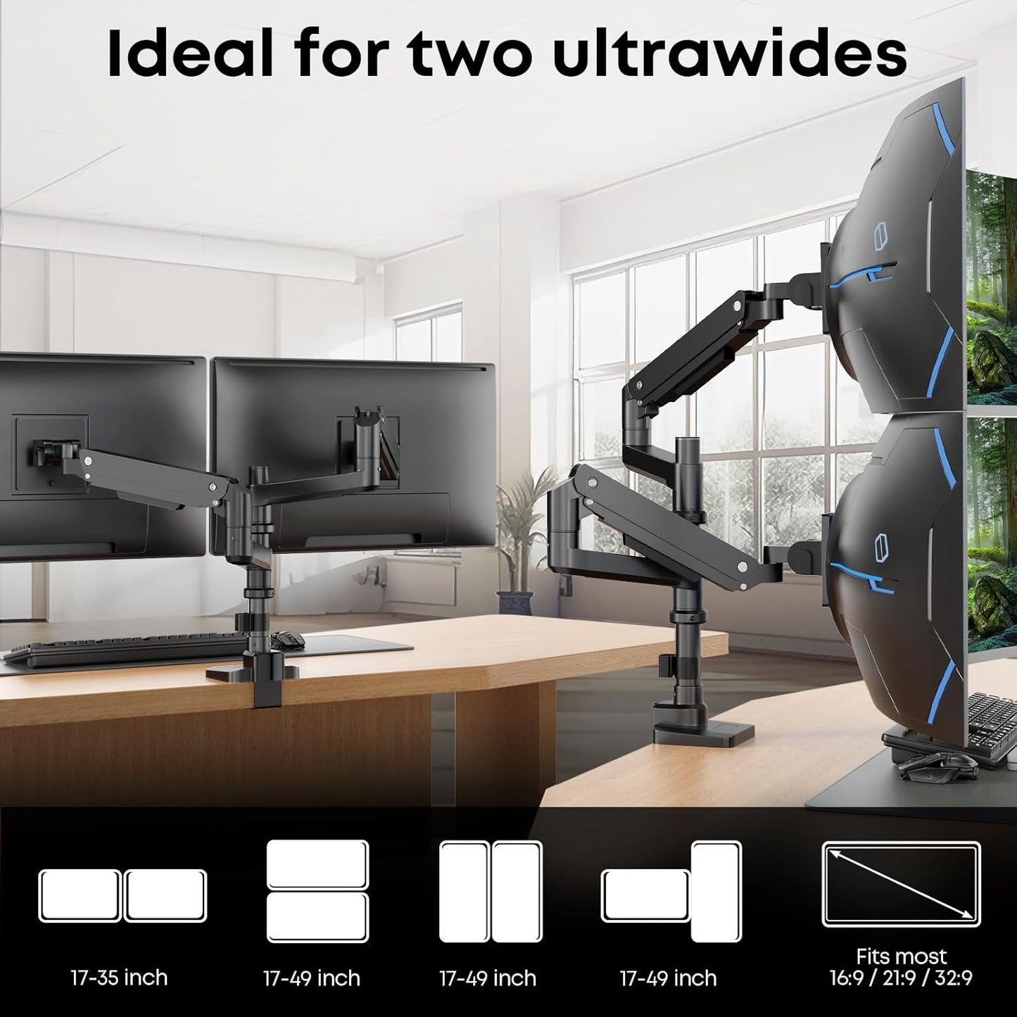 PUTORSEN 17-49 inch Premium Aluminum Heavy Duty Dual Monitor Arm for Ultrawide Screens up to 44lbs, Vertical Stacked Dual Monitor Desk Mount, Full Motion Dual Vertical Monitor Mount, VESA 75/100,Black