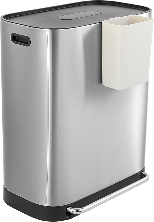 happimess HPM1014A Beni Kitchen 16-Gallon Double-Bucket Step-Open Trash Can with Soft-Close Lid, Modern, Minimalistic, Fingerprint Proof for Home, Kitchen, Laundry Room, Office, Bathroom, Chrome