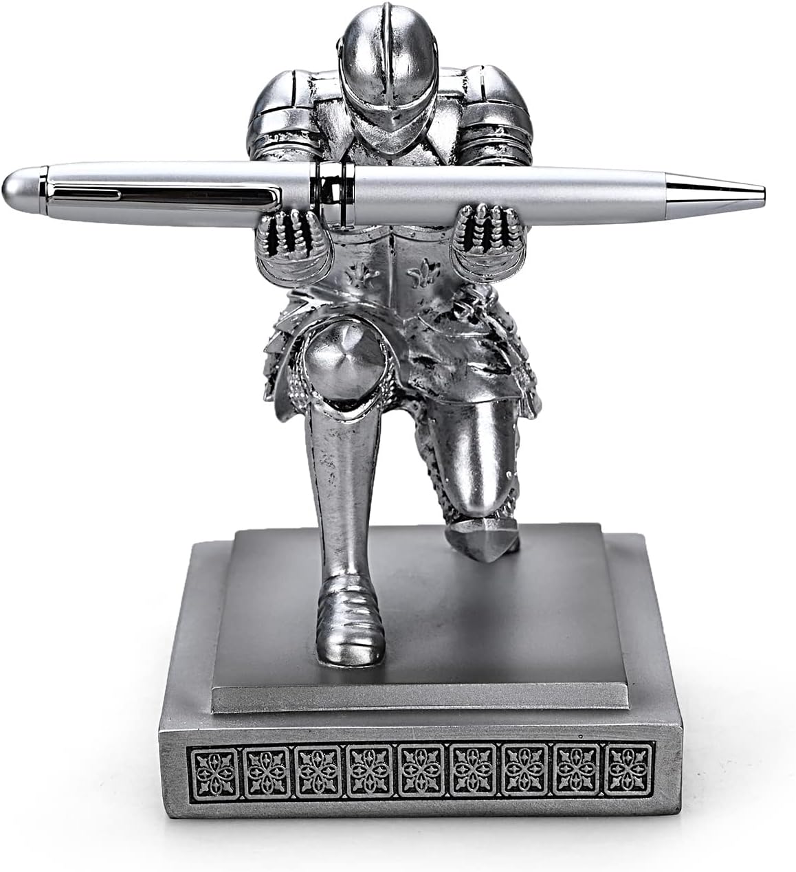 Knight Pen Holder Pen Stand Desk Organizers and Accessories Resin Pencil Holder as Gift with a Fancy Pen for Office and Home Desk Organizer (Silver)