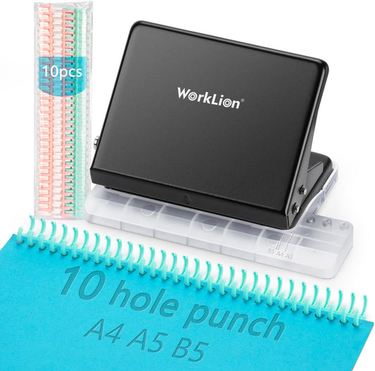 Binding Machine for Planner： WORKLION Metal 10 Hole Punch&Multi Color 30 Hole Loose Leaf Binder Rings(10 pcs) for Making 26 Holes on B5 Paper, 30 Holes on A4, 20 Holes on A5 Book, Black