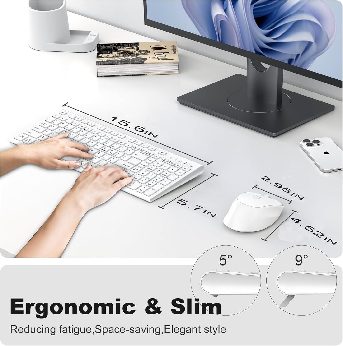 FENIFOX Wireless Keyboard Mouse Combo, Ergonomic Rechargeable Silent Quiet Slim Compact Full-Size USB C with Number Pad Flat Soft Cover for PC Computer Laptop Mac MacBook iMac TV Windows OS - White