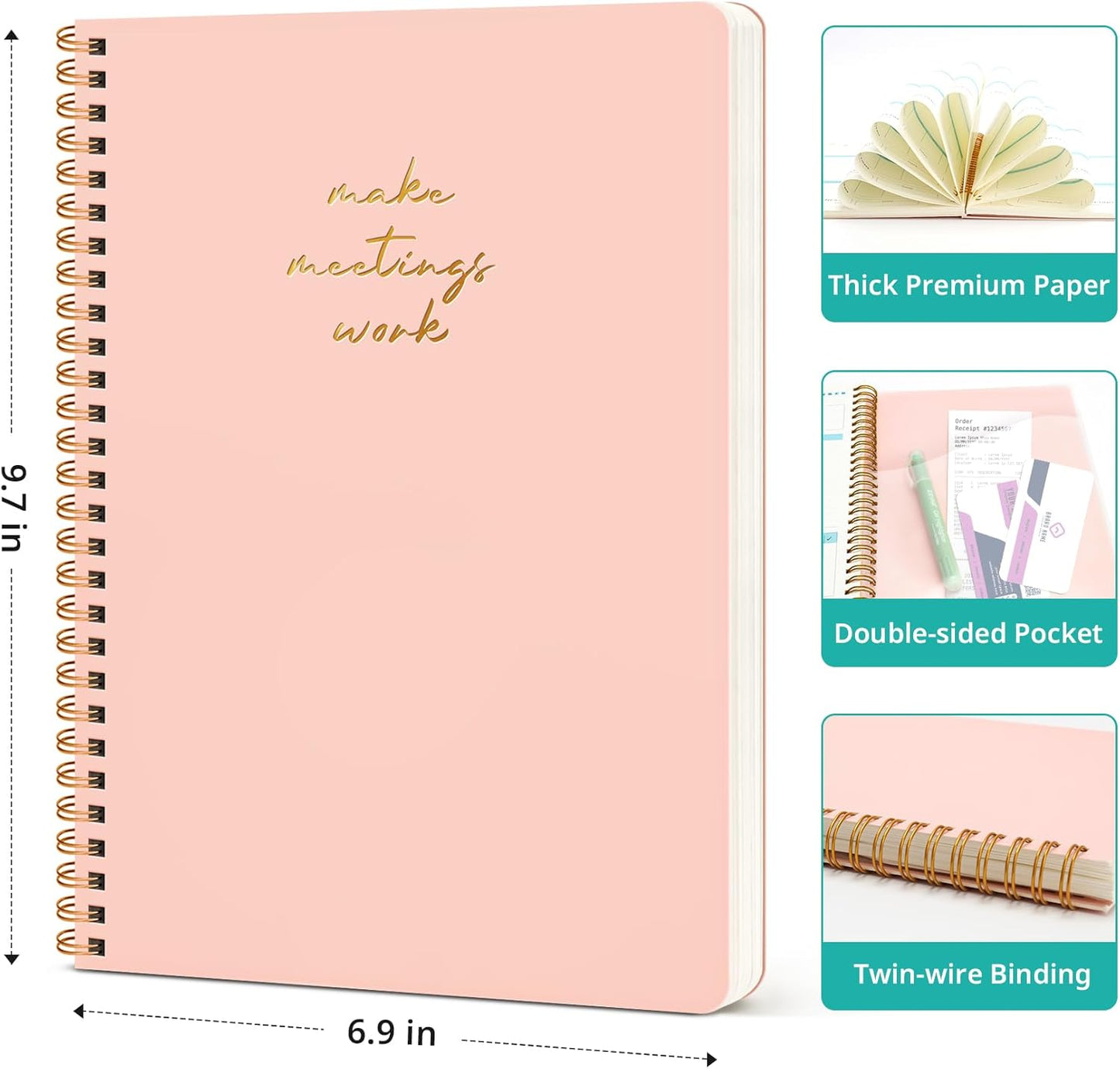 6 Pack of Meeting Notebook for Work Organization - Work notebook with action items, Meeting Minutes Planner Notebook, Perfect Office Supplies for Men & Women - Pink