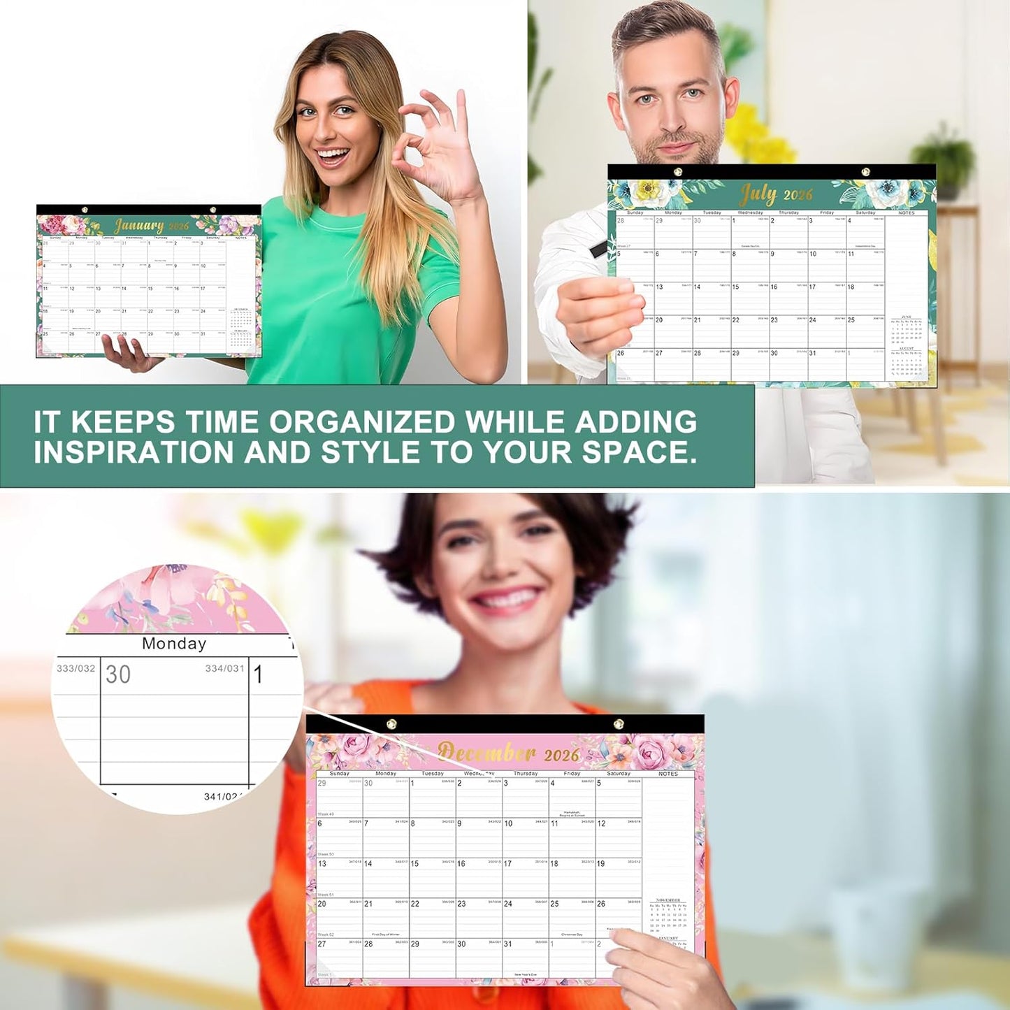 Lbylyhxc Desk Calendar 2025 - 2026, Monthly Calendar 2026, 18-Month School Year Calendar, July 2025 to December 2026, Monthly Large Desktop/Wall Calendar for Teacher with Corner Protectors 17" X 12" (Desk Calendar Flowers, 17x12 inches)