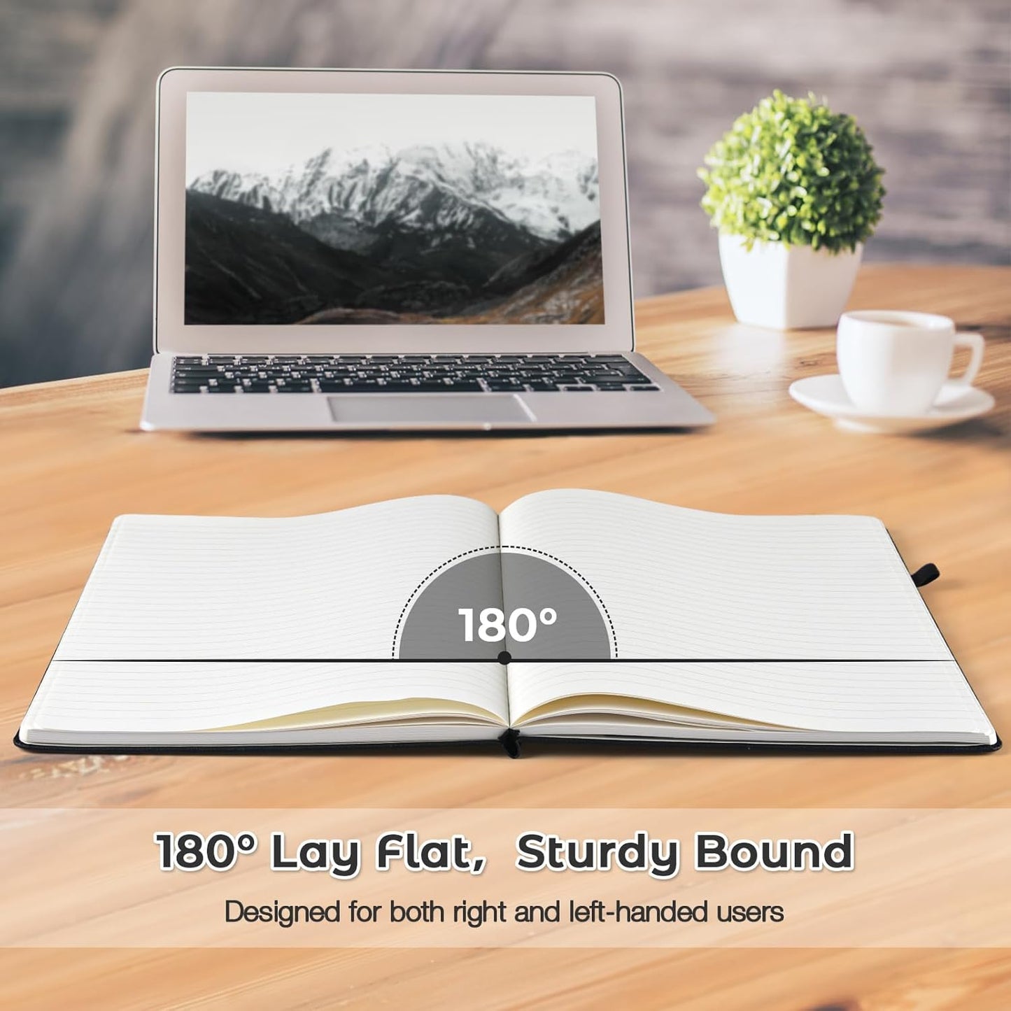 College Ruled Notebook, A4 Hardcover Leather Notebook for Work, Lined Notebook Journal for Women, Men, 192 Thick Paper, Lay Flat, Large Notebook with 2 Pockets, Professional Business Notebook, Black