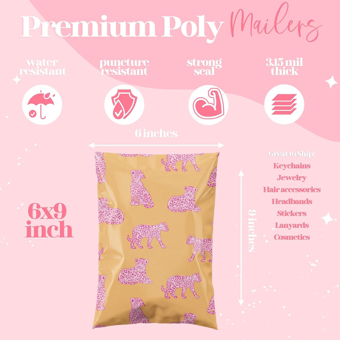 6x9 Designer Poly Mailer 100 Pack Heavy Duty Waterproof Self Seal Shipping Bags for Small Business Large Mailing Envelopes Bulk Tear Resistant Packaging Pink Orange Leopard
