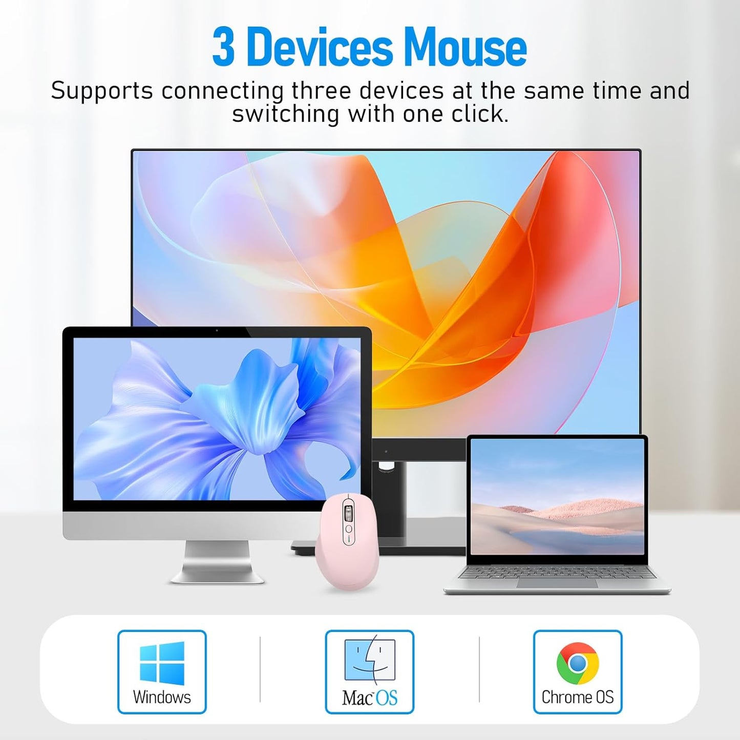 Multi-Device Wireless Bluetooth Mouse, 2.4G USB Receiver and Two Bluetooth, 4-Way Navigation Mice for Computer, Laptop, PC, MacBook, iPad (Pink)