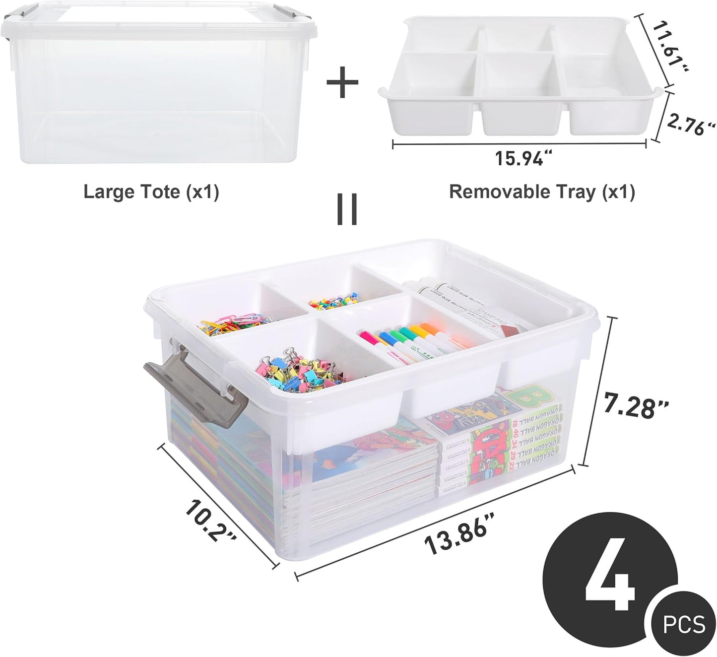 Citylife 17 QT Storage Box with Removable Tray Closet Organizers and Storage Clear Storage Container for Organizing, Craft, Tools, Files, Office Supplies, 4 Packs