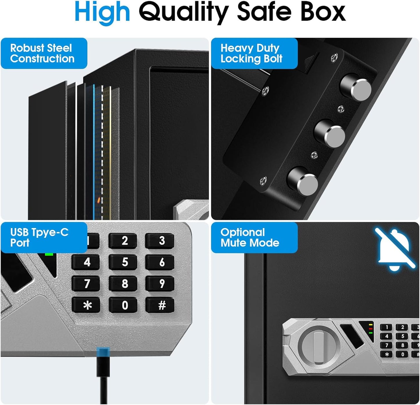 2.2 Cu Ft Fireproof Home Safe Box - Digital Electronic Keypad, Steel Security Combination Lock Box with Removable Shelf, Emergency USB-C Cable, Safety Box for Document Money Jewelry Handgun