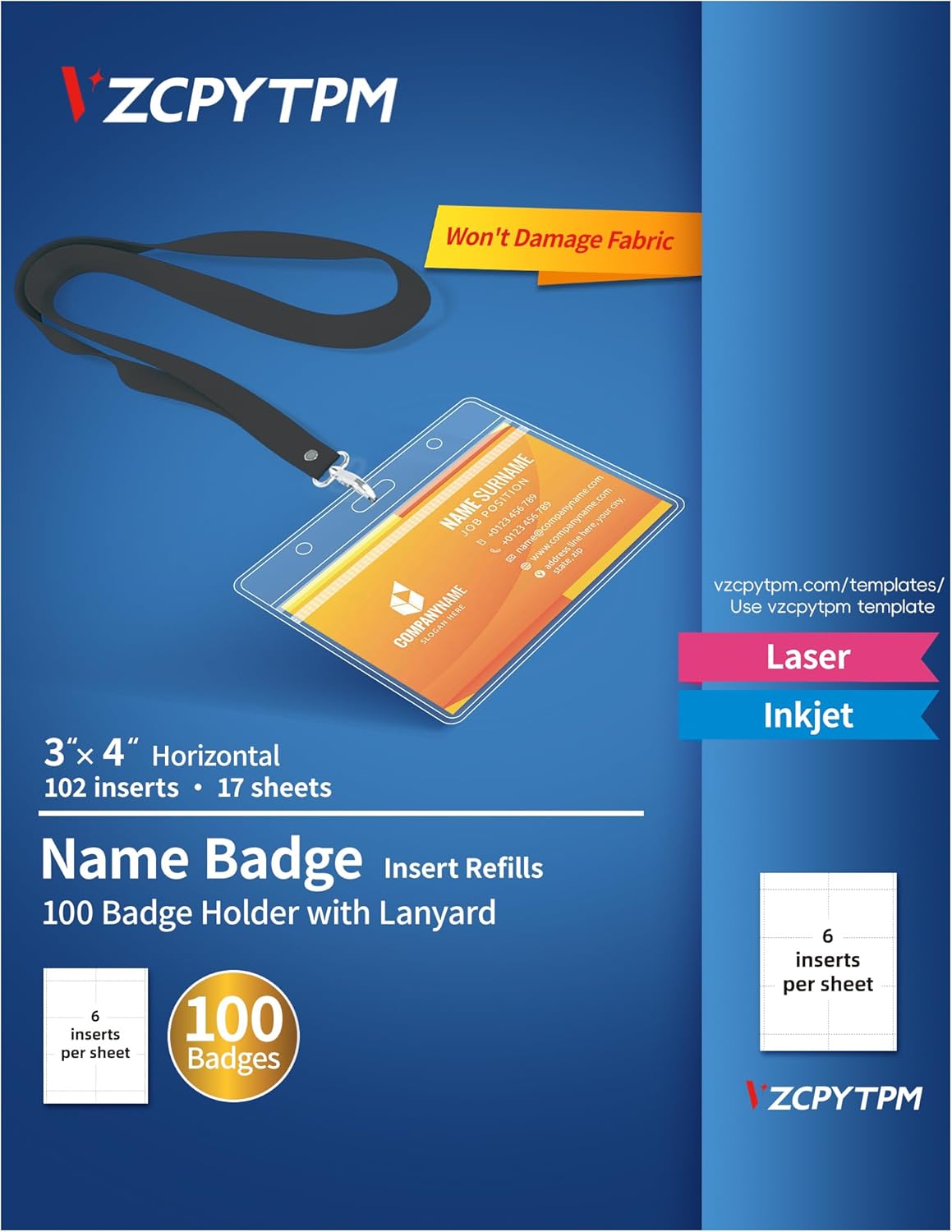 Customizable Name Badges Insert and Holder,3x4 Inch Horizontal,White Printable Name Tag Insert Refills for Name Tag Holder,Laser/Inkjet Printable,100 Badges Insert and Badges Holder