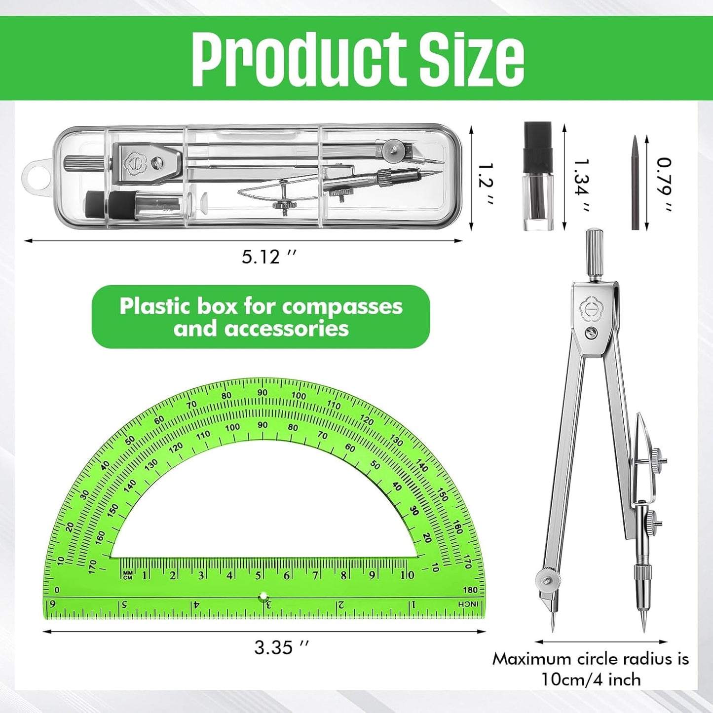 EBOOT Student Geometry Math Set, Drawing Compass and 6 Inch Swing Arm Protractor 180 Degree Math Protractor(Green)