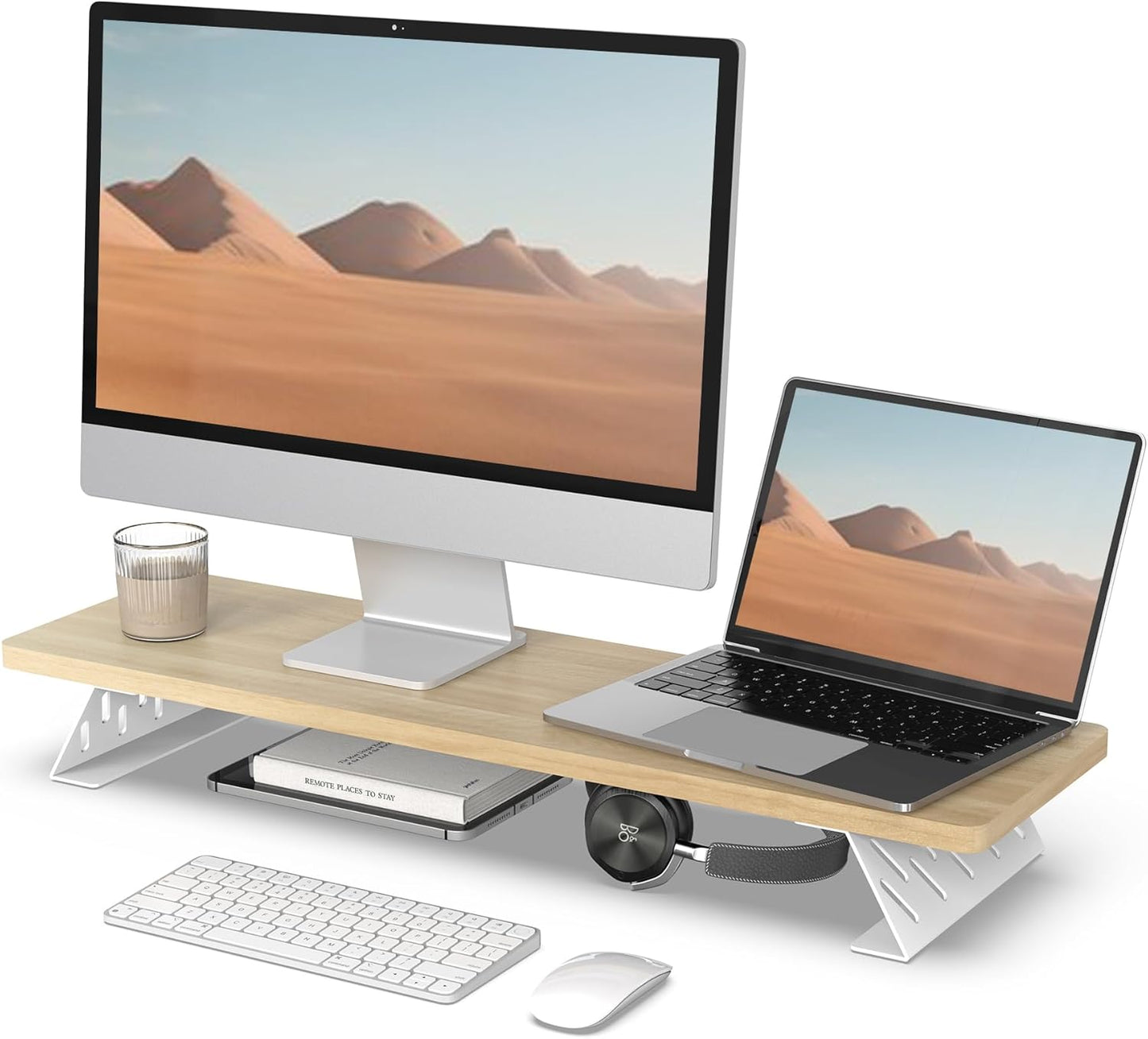 Fenge Monitor Stand Riser, Desk Top Shelf for 2 Monitors, Computer Stands for Desk, Wood & Steel Desktop Riser for Laptop, PC, Printer