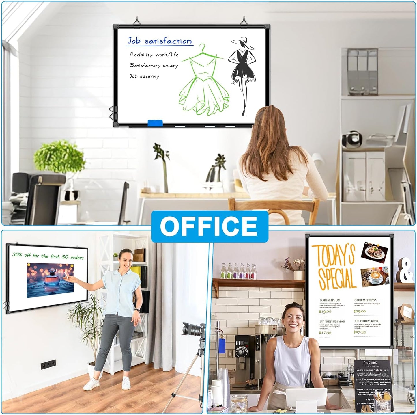 H-Qprobd 36"x24" White Board for Wall Double-Sided Magnetic Dry Erase Board with Black Aluminum Frame, Presentation Whiteboard Suitable for Home, Office, Classroom & Kitchen