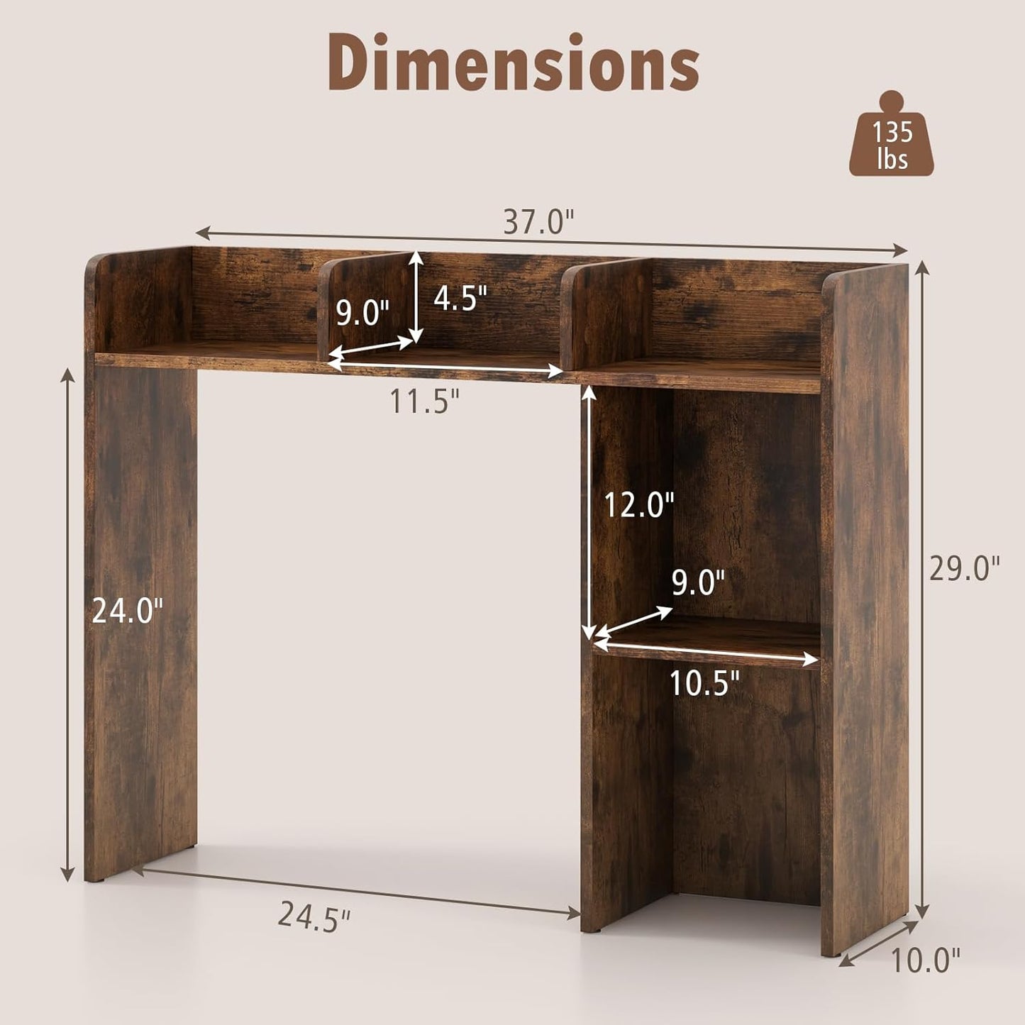 Desk Hutch, Desktop Shelf with 5 Shelves, Desk Bookshelf w/Anti-Toppling Devices, Wood Table Top Bookshelf Organizer, Small Desk Shelf for Study, Office, Dorm (Rustic Brown, 5 Shelves)