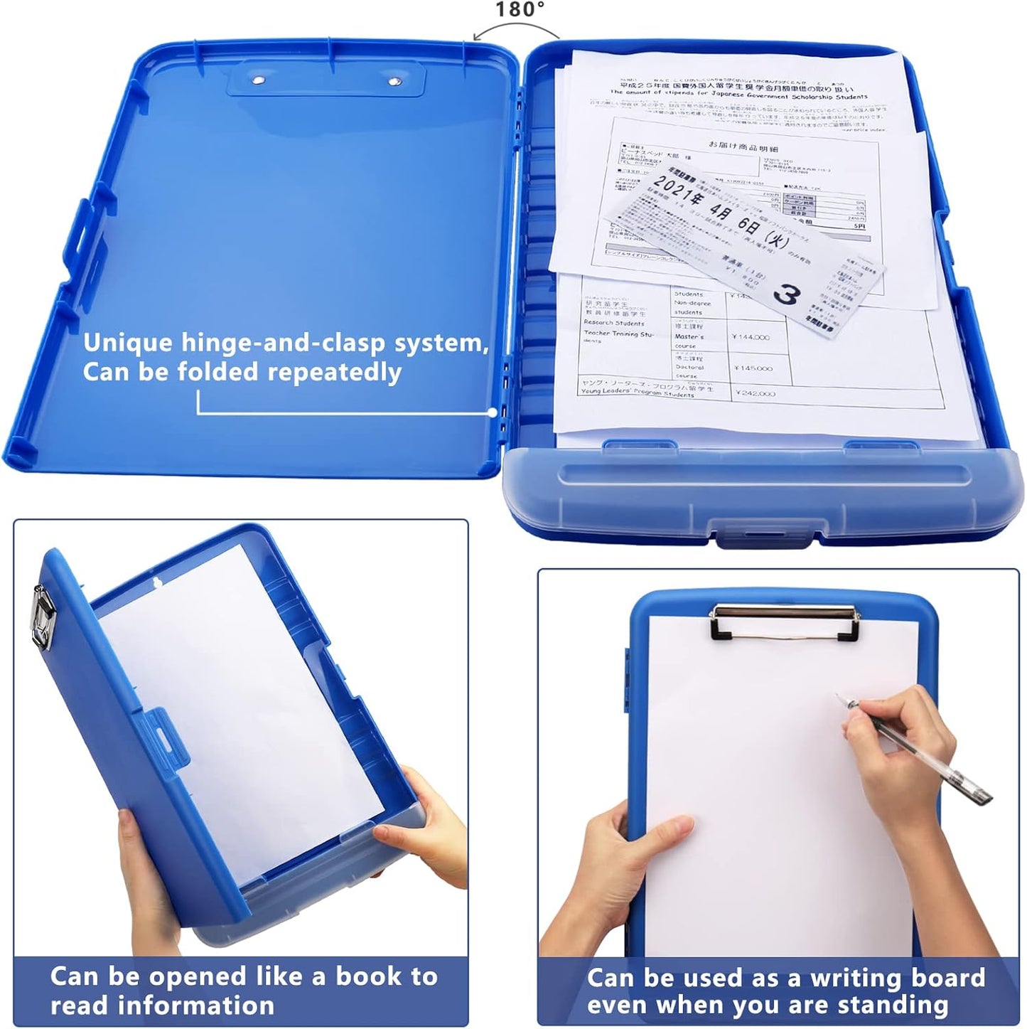 Clipboard with Storage, A4 Binder Clipboards with Pen Holder,Heavy Duty Plastic Storage Clipboards with Low Profile Clip,Nursing Clipboard Folder Side-Opening,Smooth Writing Clip Board for Office-Blue