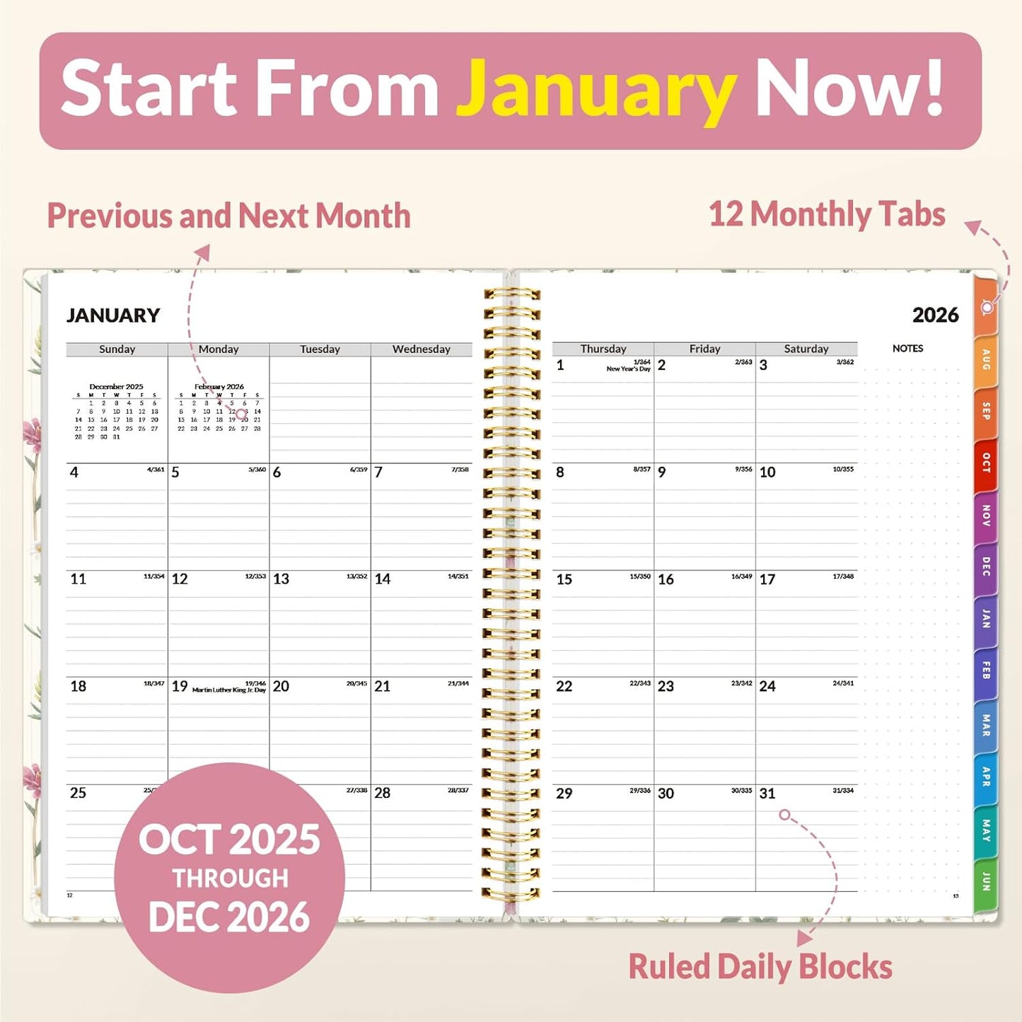SUNEE 2026 Weekly and Monthly Planner - from January 2026 - December 2026, 8.5"x11" Daily Agenda Planner with Monthly Tab, Flexible Cover, Note Pages, Pockets, Bookmark, Spiral Binding, Wildflowers