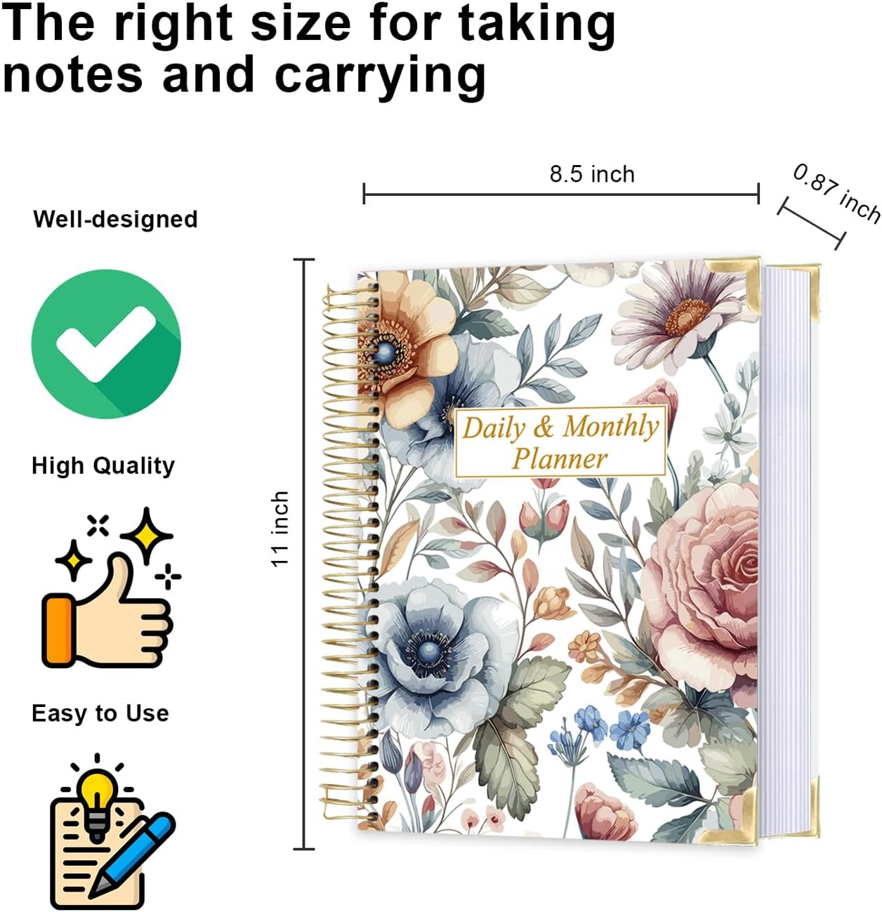 Undated Daily Monthly Planner for 2025 2026 - A4 To Do List with Hourly Schedule, Hardcover Spiral Bound Daily Planner to Increase Focus, Stylish School/Office Supplies, 8.5" x 11", Flower