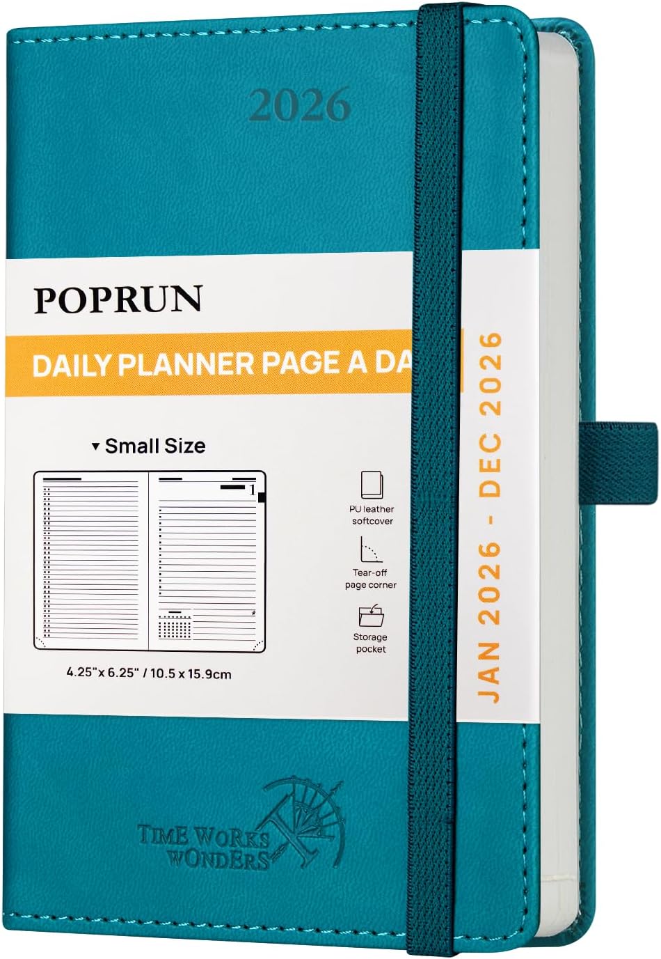 POPRUN Daily Planner 2026 (Jan - Dec), (Purse Size-4.25" x 6.25") 2026 Daily Calendar with One Page Per Day Even Weekends, Hourly Appointment Book with Pocket, PU Leather Softcover - Pacific Green