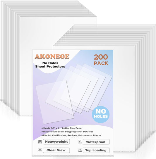 200 Pack No Holes Sheet Protectors 8.5 x 11 Inch Letter Size Page Protectors for Documents, Prints, Top Loading Heavyweight Clear View Plastic Sleeves for Papers, Artworks, Photos