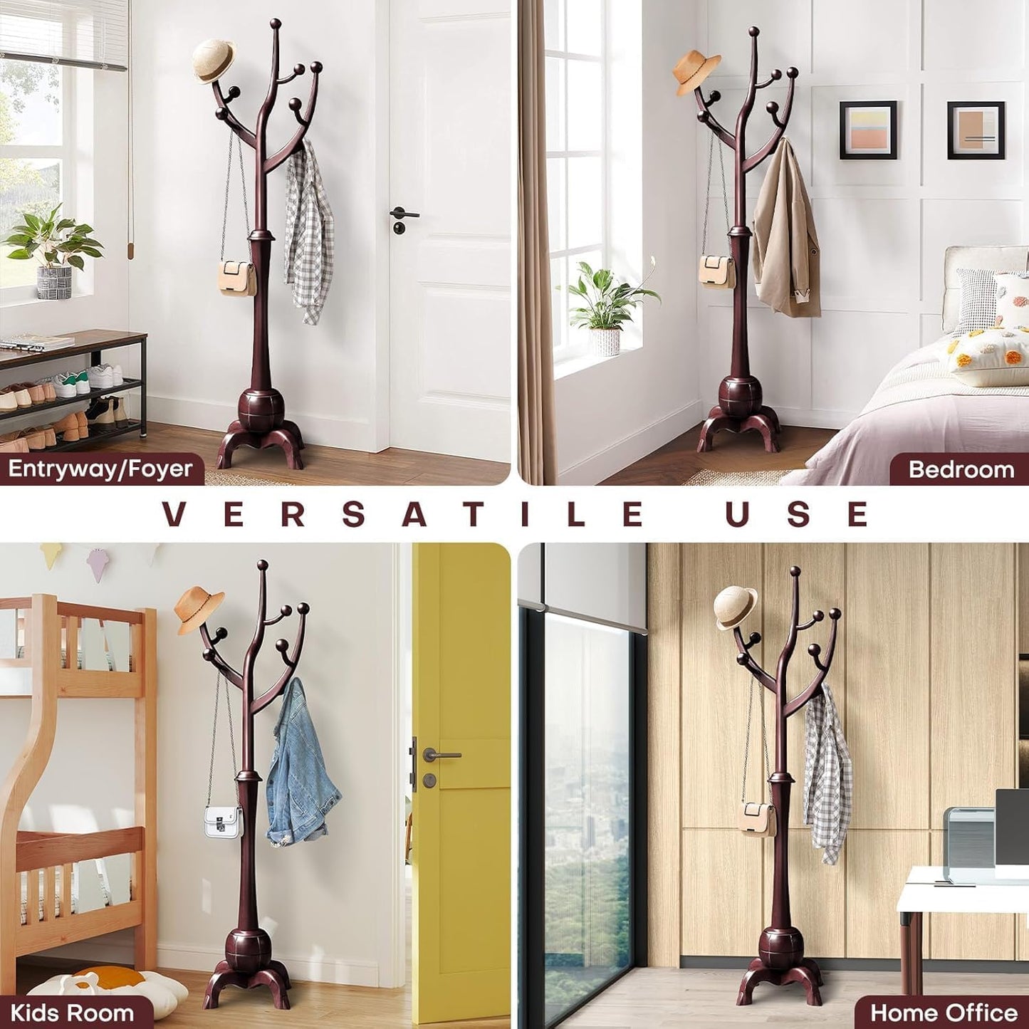 Coat Rack Freestanding Wood Tree Rack with 8 Hooks, Creative Design Tree Branch-look, Coat Tree Clothes Hanger Stand with Stable Sphere Base for Entryway, Hallway, Bedroom (Wine Red)