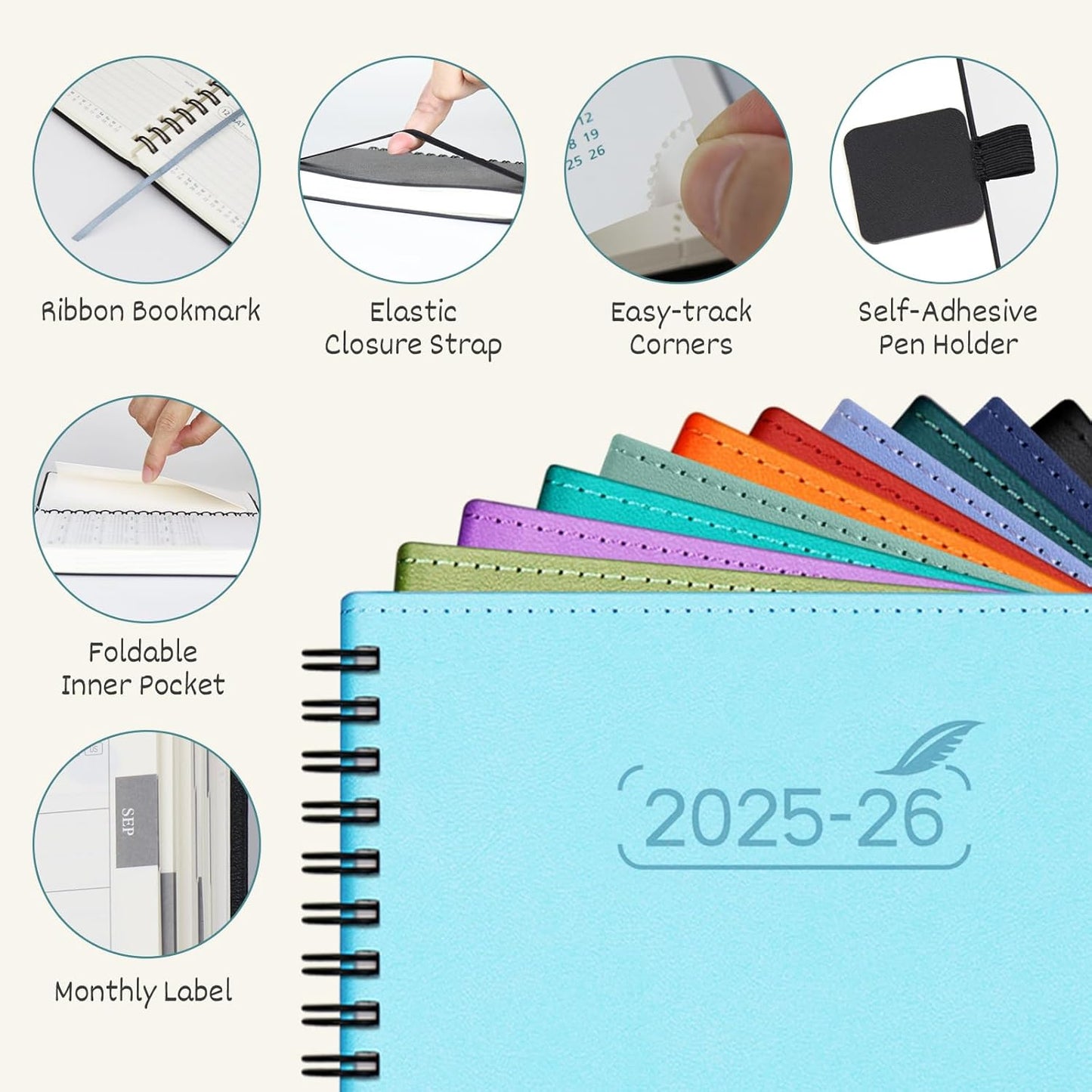 BEZEND Pocket Planner 2025-2026 Weekly and Monthly, 3.5" x 6" Academic Planner (Jul 25-Dec 26) 18-Month Mid-Year Calendar Book, Storage Pocket, Pen Holder, PU Leather Softcover, Spiral - Cornflower