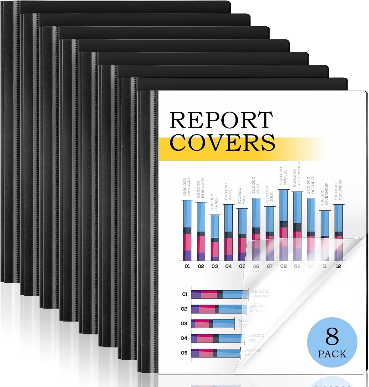 8 Pack Report Covers, COIDEA Report Covers with 3-Prong Fasteners, Presentation Folders for A4 and Letter Size Paper, Clear Front Report Covers Binder Bulk for School Business, 100 Sheet Capacity