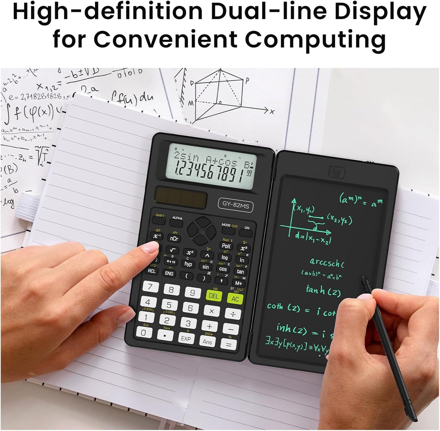 Scientific Calculators for School with Notepad, ROATEE Middle and High School Supplies for Student, 82 MS Foldable 2-Line Display Science Calculator with Writing Tablet, Solar and Battery Power Black