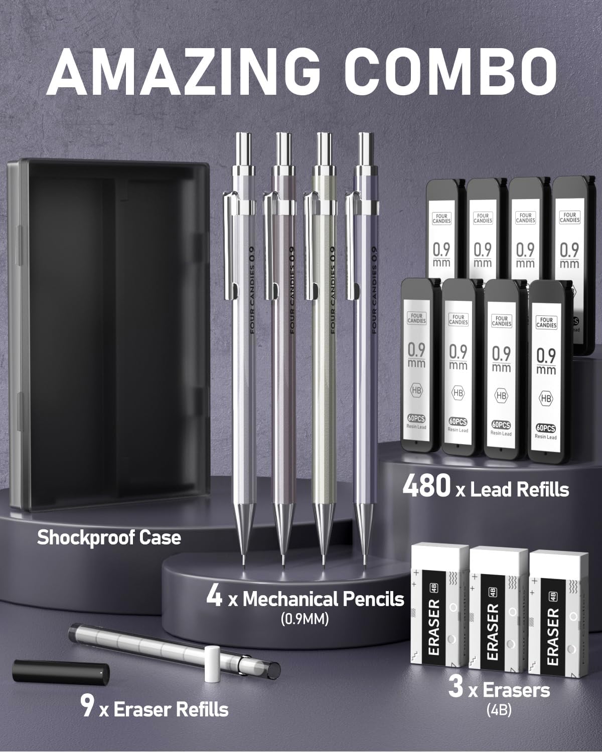 Four Candies 0.9mm Metal Mechanical Pencil Set with Case - 4PCS Fancy Mechanical Pencils, 8 Tubes HB #2 Lead Refills, 3PCS 4B Erasers and 9PCS Eraser Refills, Led Pencils Mechanical for Writing