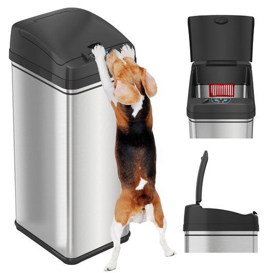 iTouchless 13 Gallon Sensor Trash Can 2.0 – Touchless Lid, Dog-Proof Lock, Odor Filter, Stainless Steel, Battery or Plug-in, for Kitchen, Home, or Office