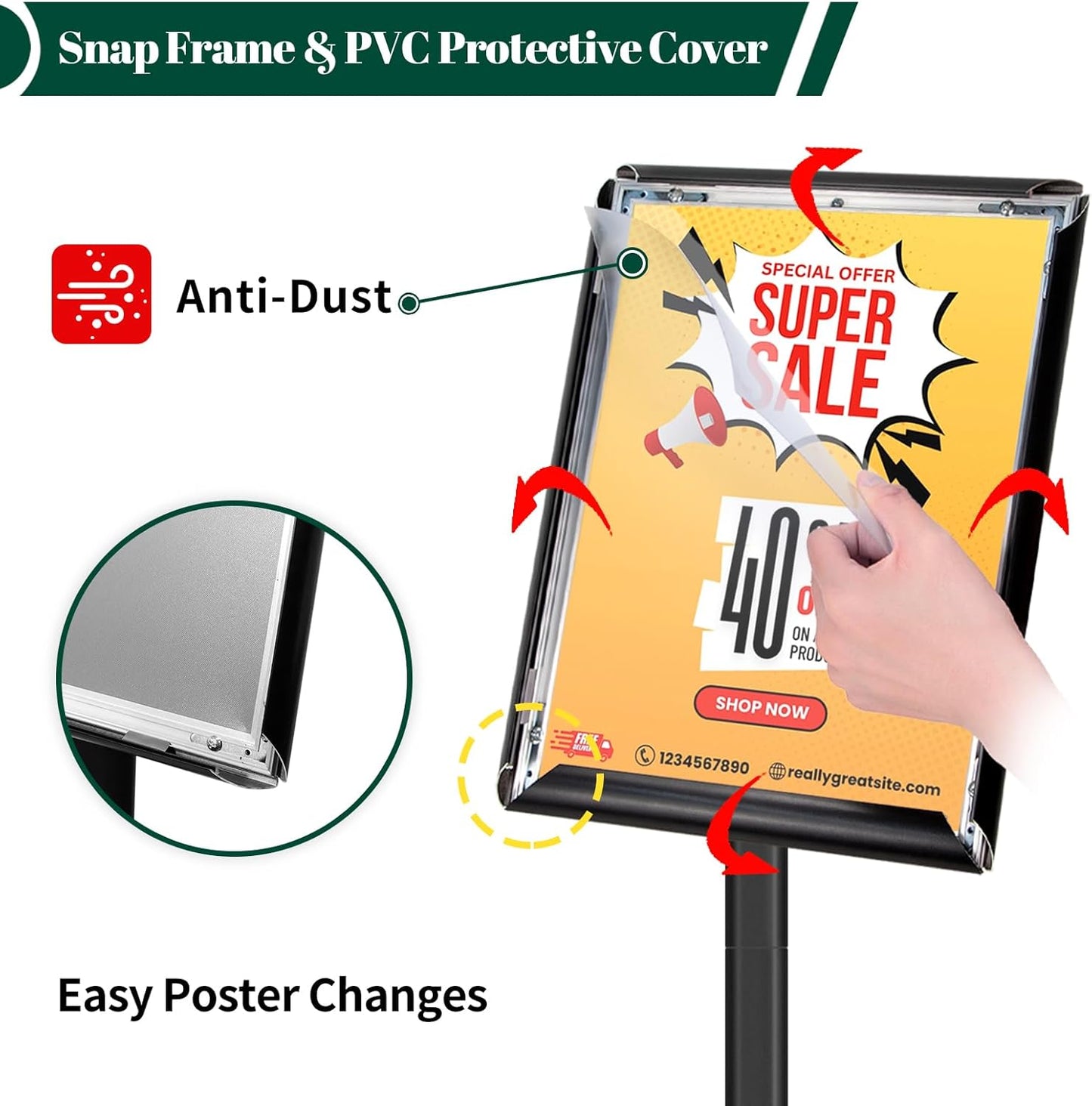 Heavy Duty Pedestal Sign Holder for Display, 11 x 17 inches Adjustable Floor Standing Sign Holder with Weighted Base , Vertical and Horizontal View Sign Stand for Indoor/Outdoor Advertising，Black