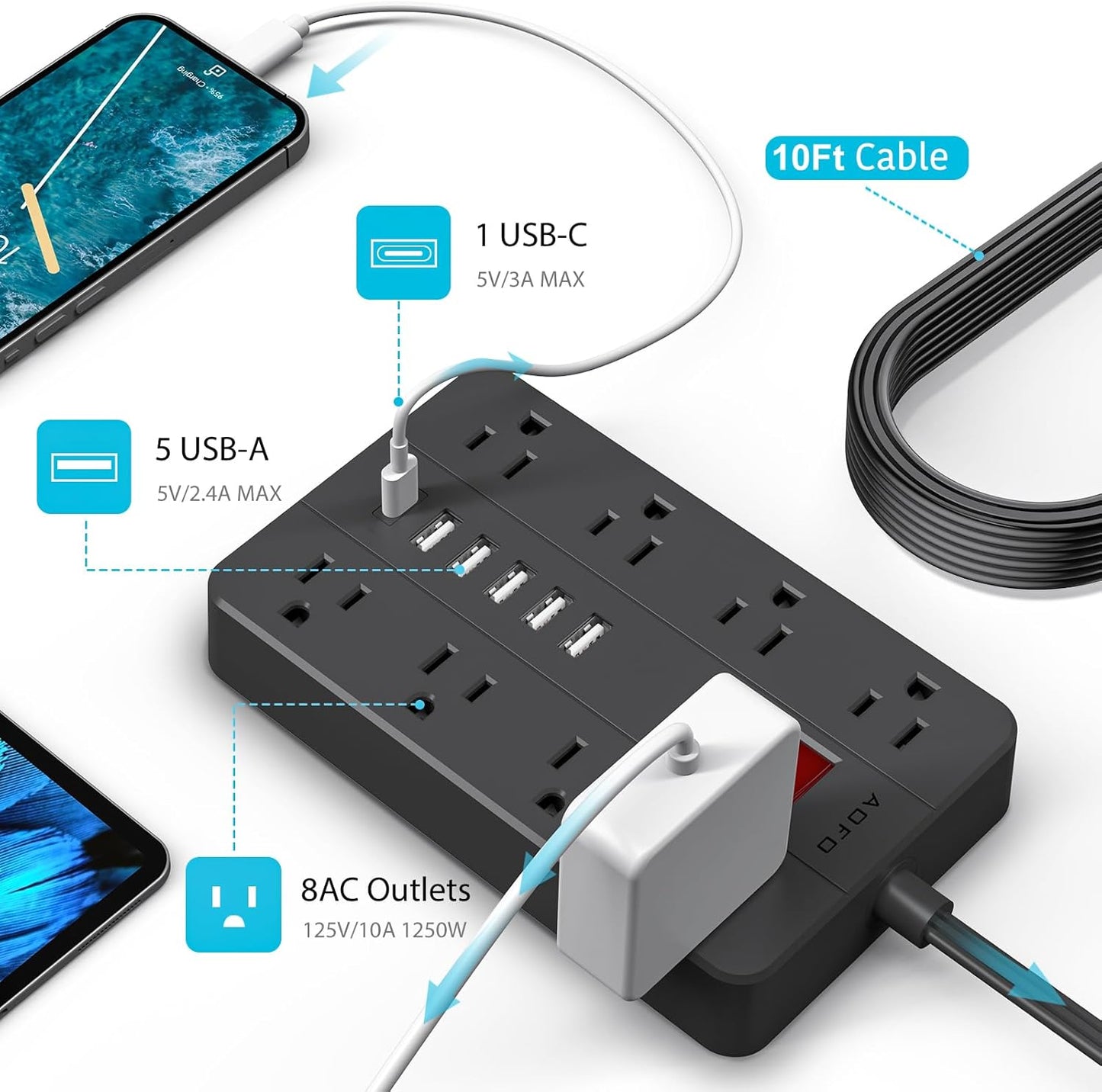 10ft Extension Cord Long Power Strip,AOFO 8 Widely-Spaced Outlets & 6 USB（1 USB C） Ports Flat Plug Power Strip,Power Cord for Wall Mountable and Desktop Black