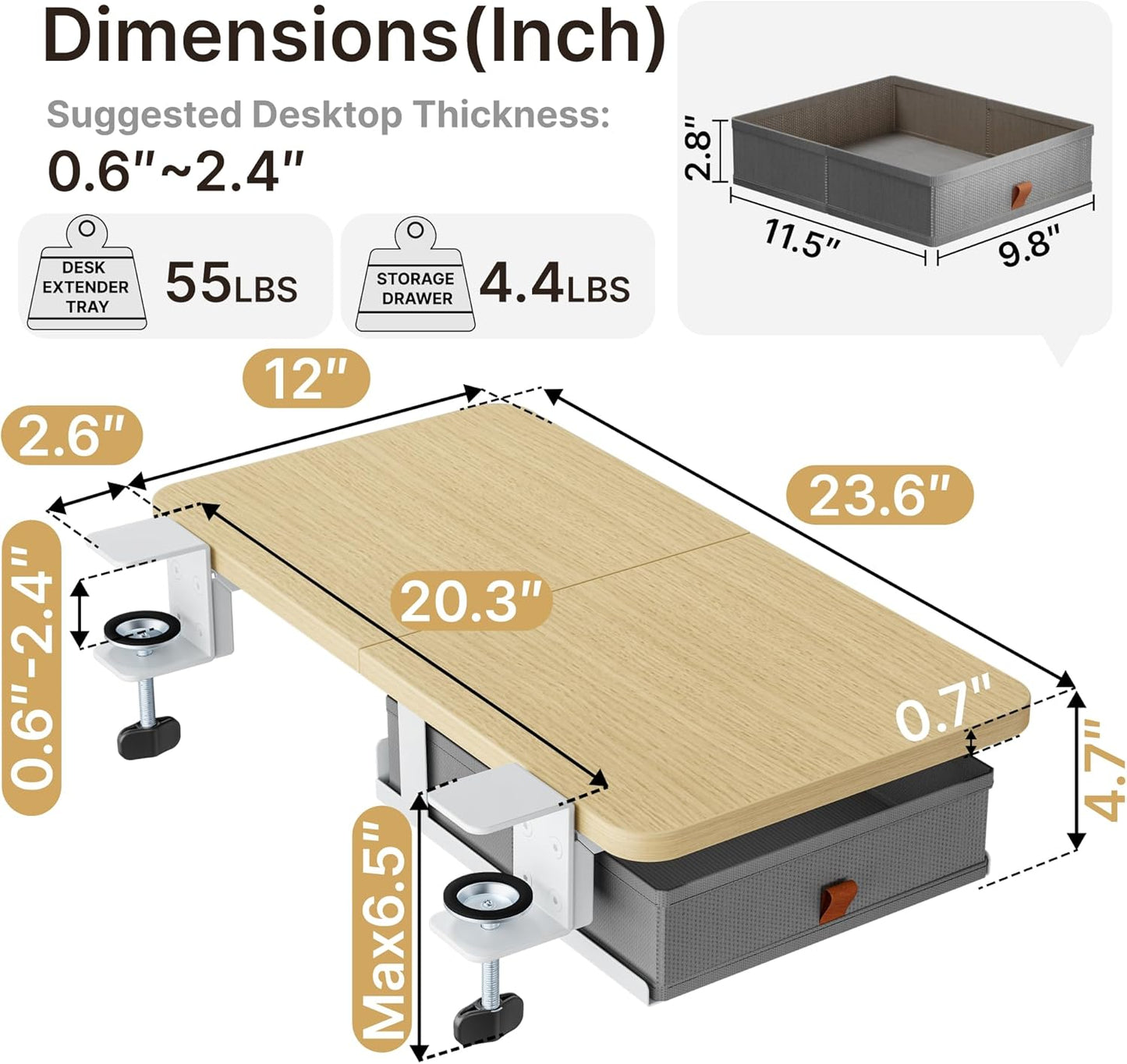 Desk Extender Tray, 24" x 12" Clamp On Desk Shelf, Desk Extension with Storage Drawer, Table Desk Arm Rest, Clamp On Keyboard Tray for Office and Home, Workstation Organizer, Medium, Wood