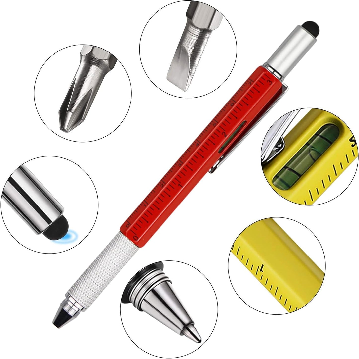 DUNBONG Metal Multi tool Pen 6-in-1 Stylus Pen - With Screwdriver, Ballpoint Pen Black ink, Stylus pen, Level and Ruler, 1-Count (Red)