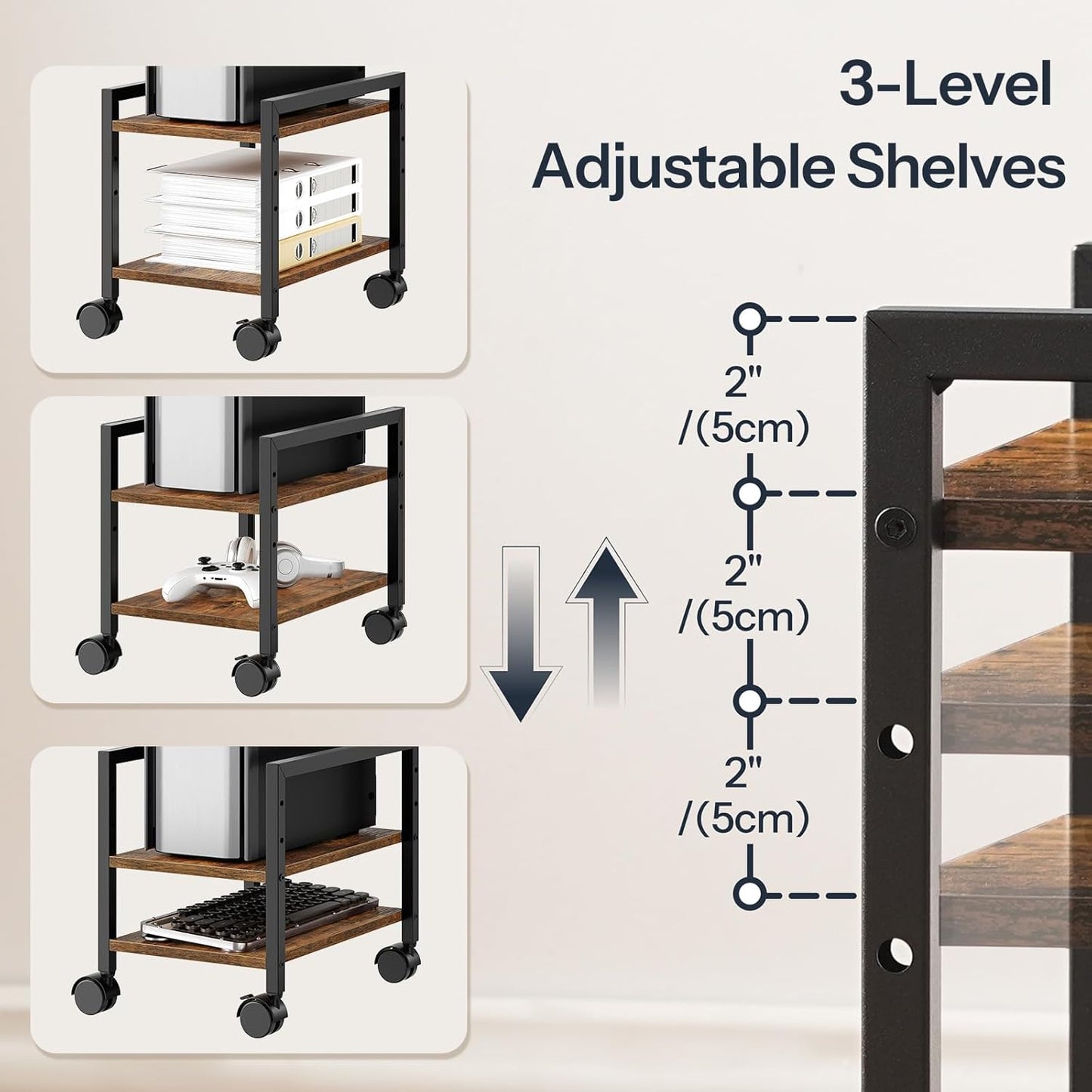 HOOBRO PC Stand, 2-Tier PC Tower Stand Fits Most Computer Towers, CPU Holder for Floor, Height Adjustable, CPU Stand with Wheels Under Desk, for Home Office, Rustic Brown and Black BF11CJ01