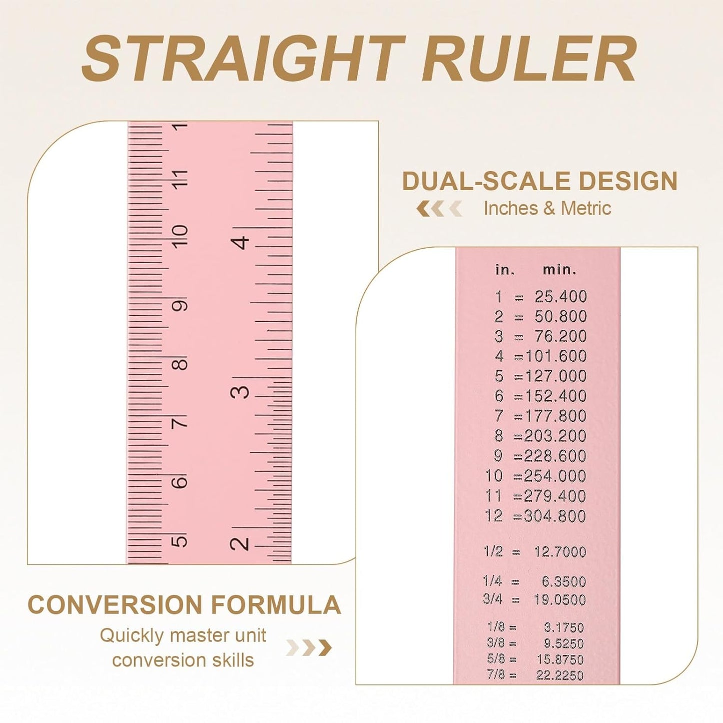 HARFINGTON 6pcs Metal Straight Ruler 30cm Metric SAE Aluminum Alloy Measuring Rulers Scale Tool with Hole for Measure Study Reading Classroom Office, Pink