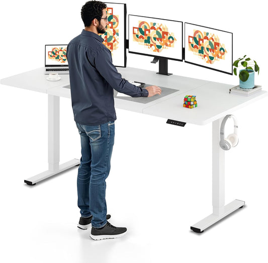 SANODESK Electric Standing Desk 71 x 32 Inches Height Adjustable Stand Up w/6-Button Controller Ergonomic Computer Desk with Splice Board for Home Office, White Frame + White Tabletop