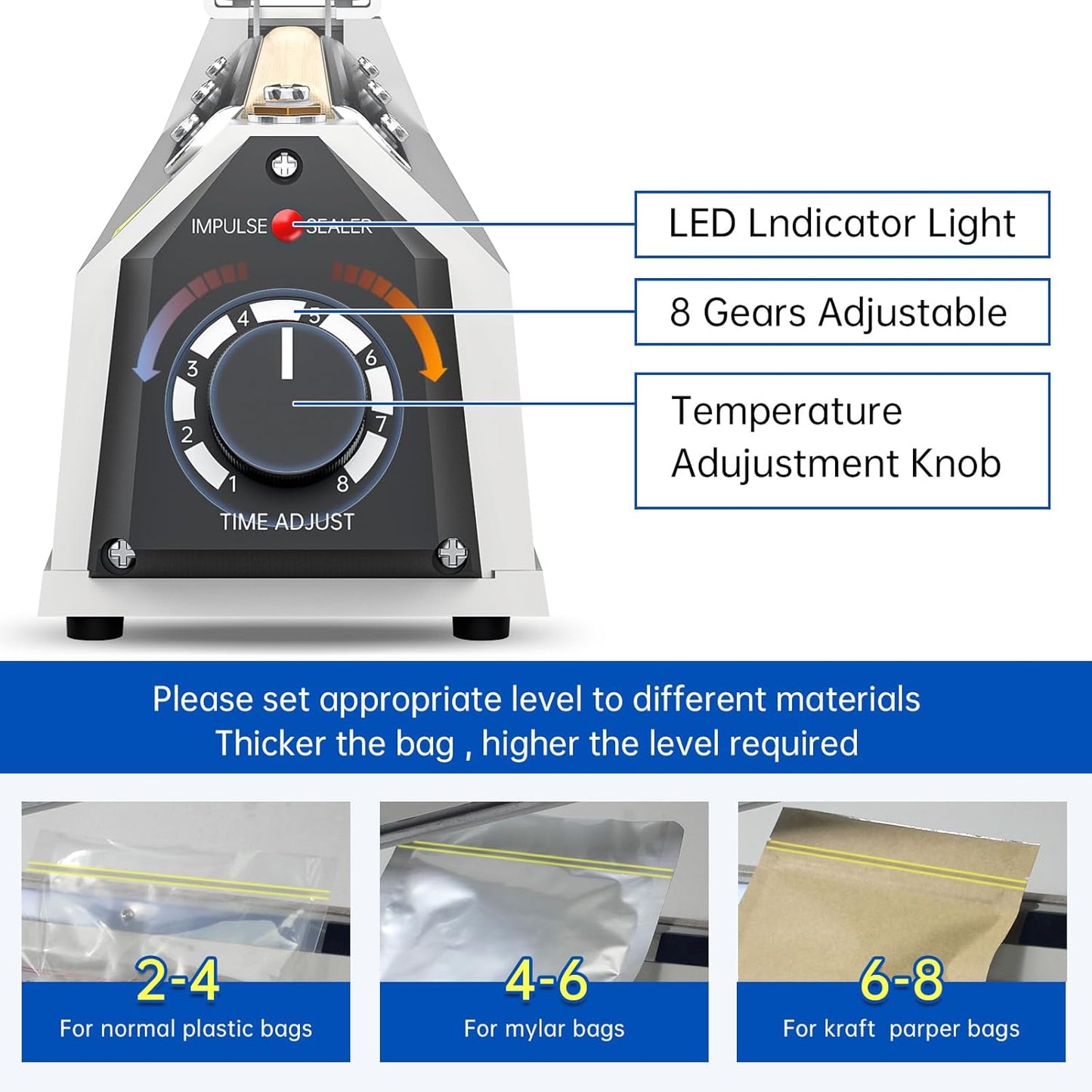 Impulse Heat Sealer with Cutter, Heavy-Duty Bag Sealing & Cutting Machine, 2 Extra Replacements（Purple, 8inch）